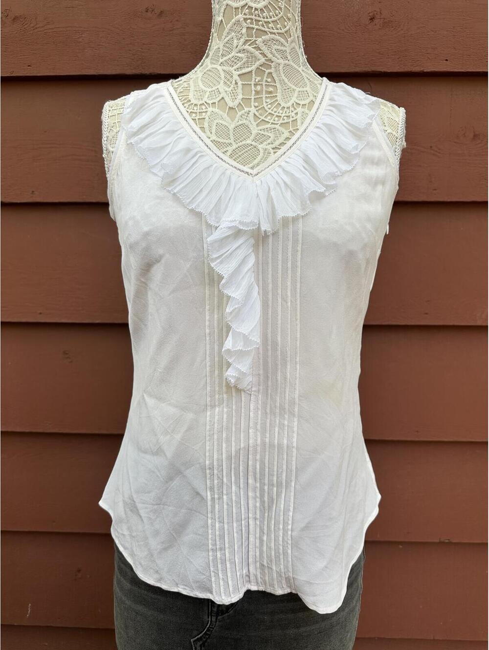 WHBM White House Black Market White Ruffle Trim Sleeveless Blouse